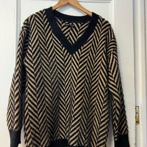 Love Tree Black and Tan V-Neck Sweater with Chevron Pattern, Vintage Vibe